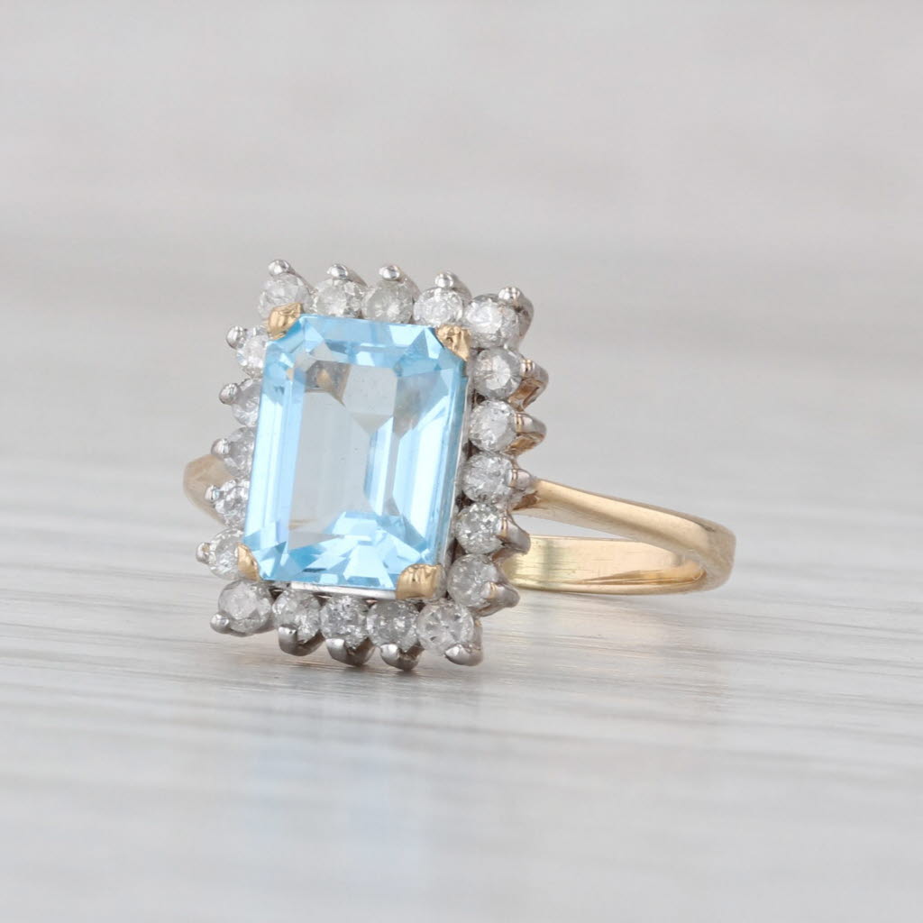 2.20ctw Blue Topaz Diamond Halo Ring 14k Yellow Gold Size 4.25 Emerald Cut
