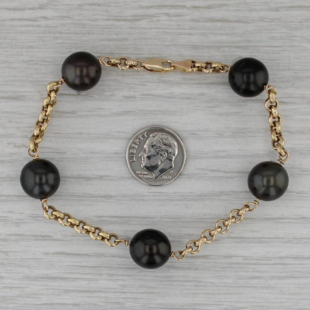 Cultured Black Pearl Bead Station Bracelet 14k Yellow Gold Rolo Cable Chain 7"