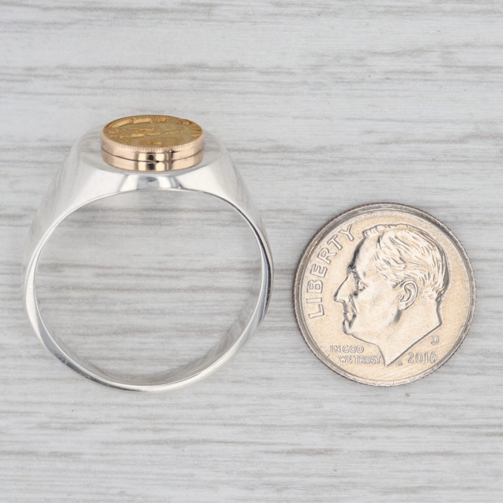 Light Gray Eureka Coin Signet Ring Sterling Silver 14k Gold Size 12 Men's