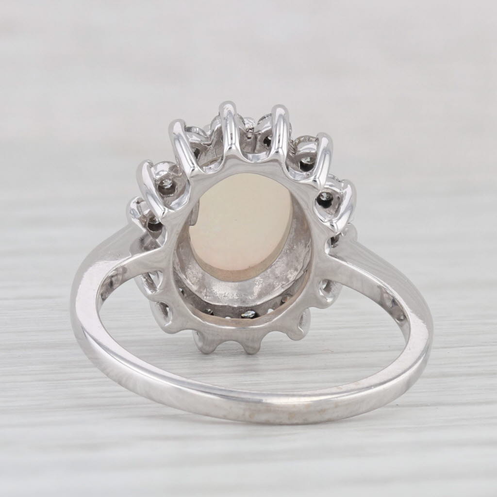 Light Gray Oval Opal Cabochon Diamond Halo Ring 14k White Gold Size 6.5