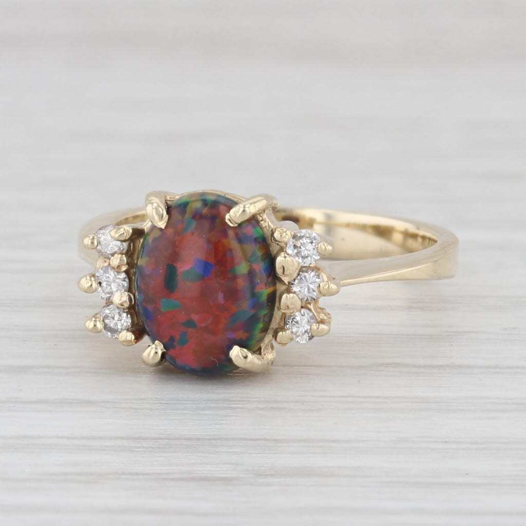 Light Gray Lab Created Black Opal Diamond Ring 14k Yellow Gold Size 6