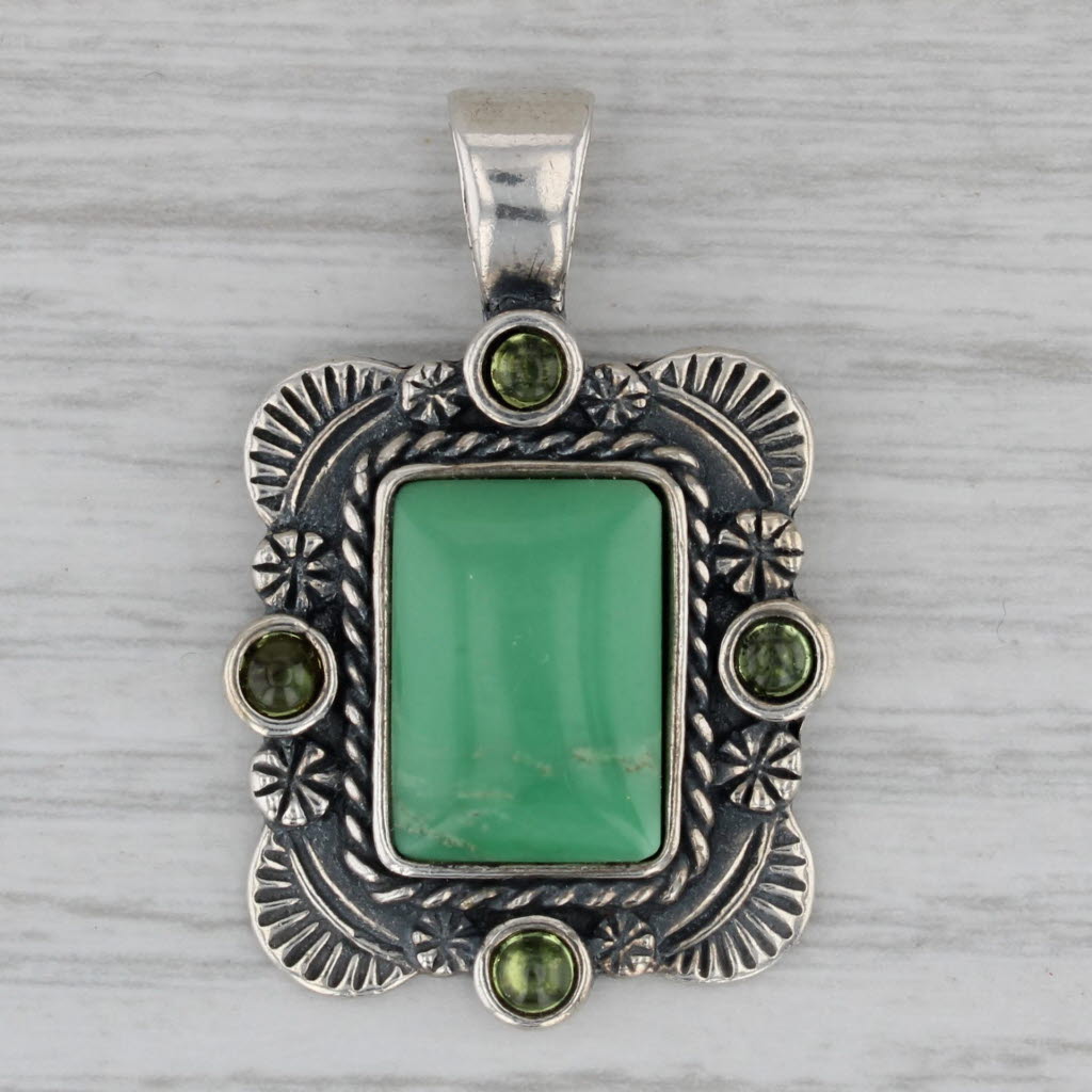 Gray Green Tourmaline Glass Pendant Sterling Silver Ornate Floral Artisan Signed