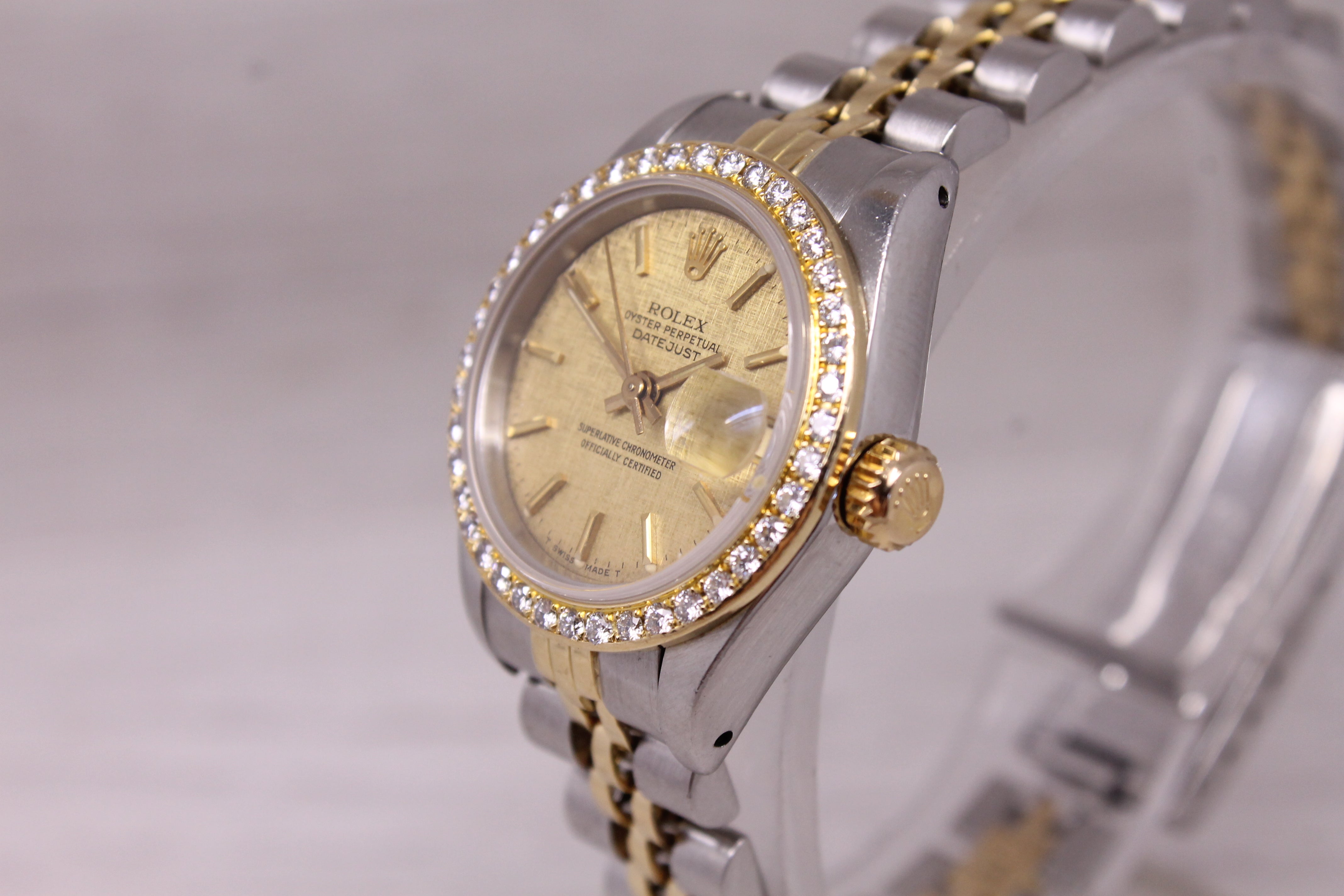 Vintage 1986 Rolex Datejust Ladies 69173 Steel & 18k Gold Diamond Bezel Linen
