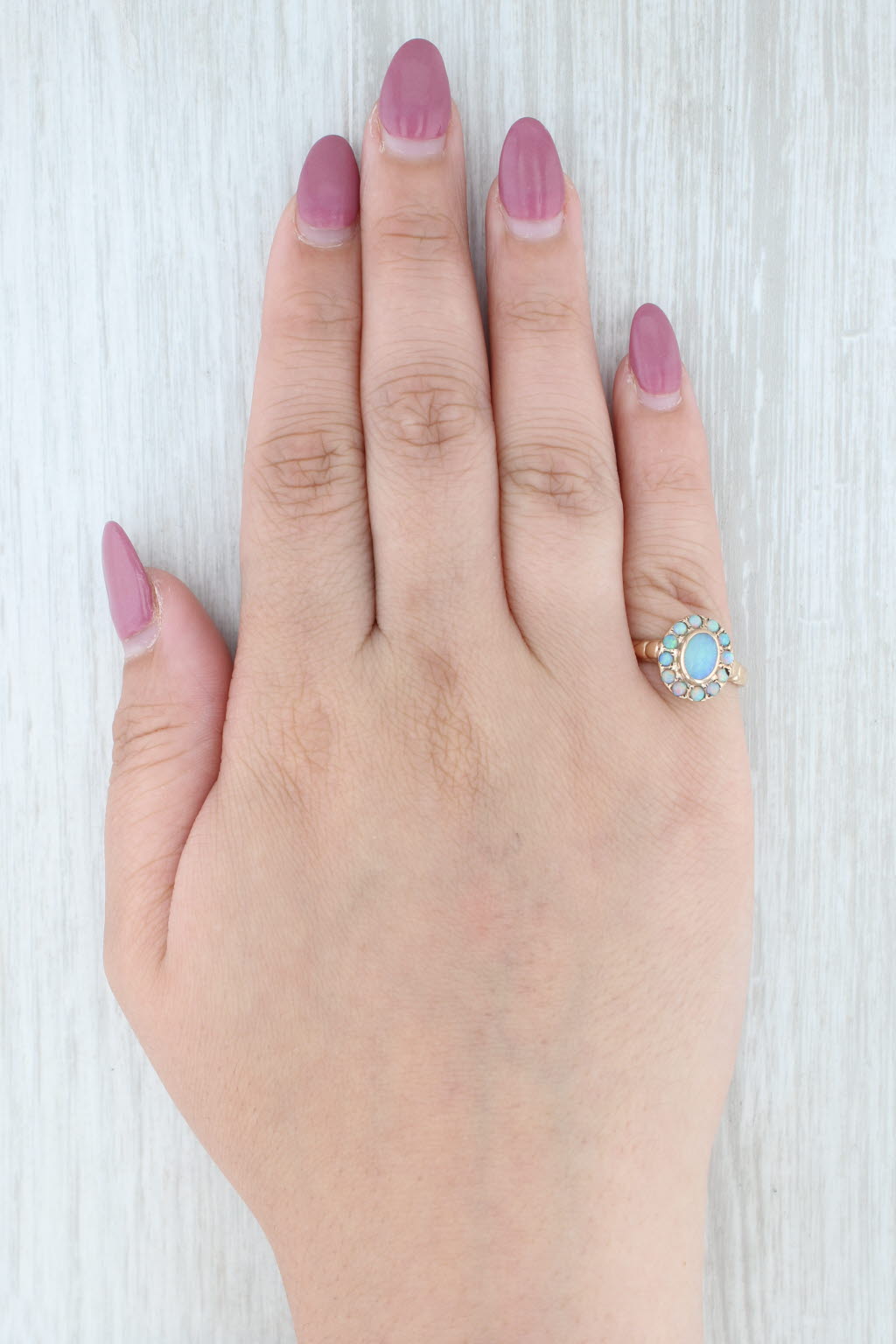 Light Gray Antique Opal Cabochon Halo Ring 10k Yellow Gold Size 6