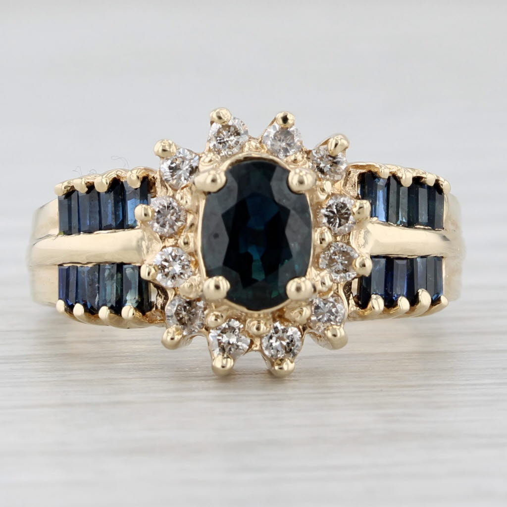 Light Gray 2.10ctw Blue Sapphire Diamond Halo Ring 14k Yellow Gold Size 7