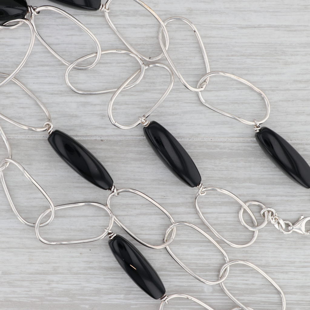 Gray Onyx Bead Oval Link Necklace Sterling Silver Long Layering Statement Chain