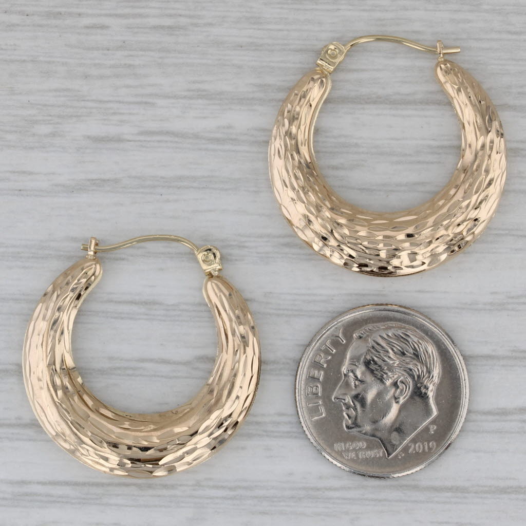 Gray Etched Hoop Earrings 10k Yellow Gold Hollow Light Weight Snap Top Round Hoops