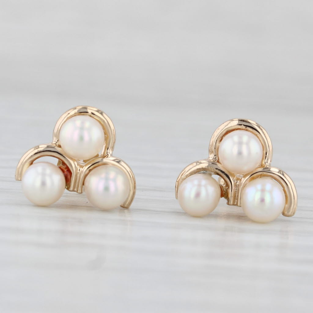 Light Gray Cultured Pearl 3-Bead Stud Earrings 14k Yellow Gold