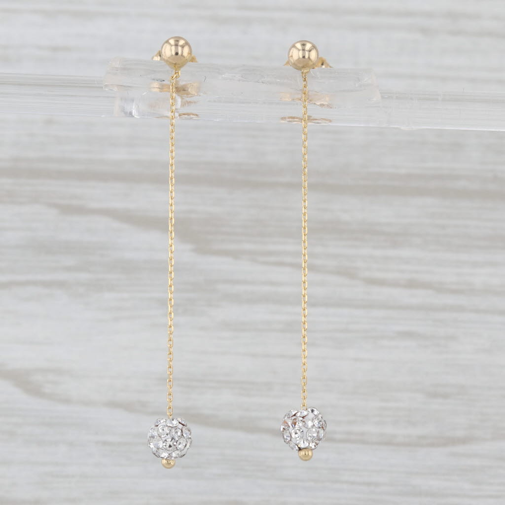 Cubic Zirconia Bead Dangle Earrings 14k Yellow Gold Butterfly Backs Chain Drops