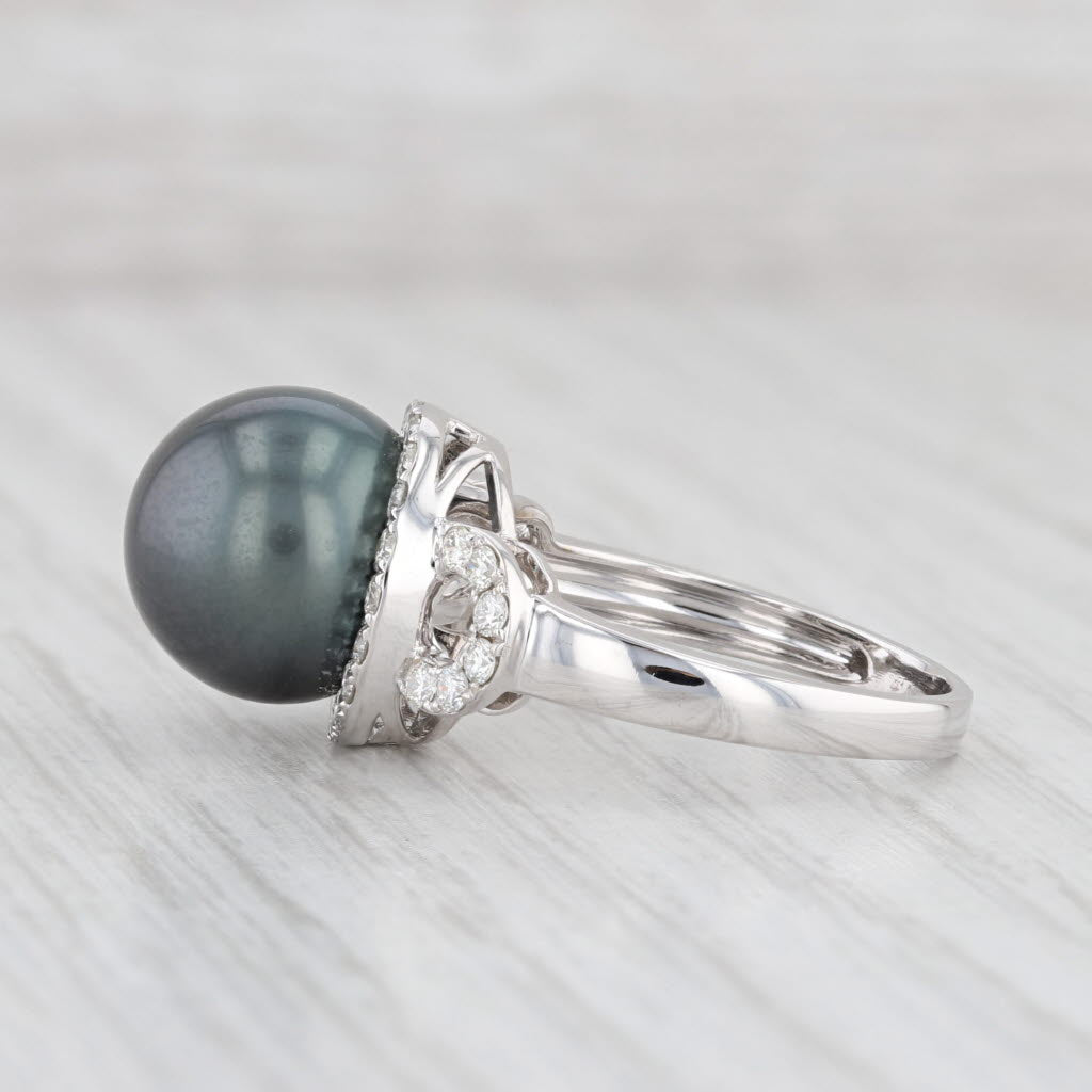 Light Gray New Tahitian Black Pearl 0.55ctw Diamond Halo Ring 14k White Gold Size 7