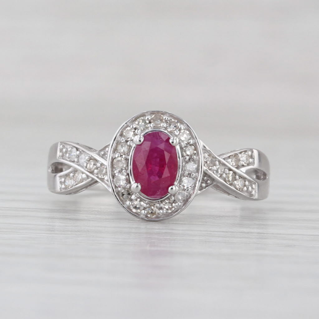 0.70ctw Oval Ruby Diamond Halo Ring 10k White Gold Size 7.5