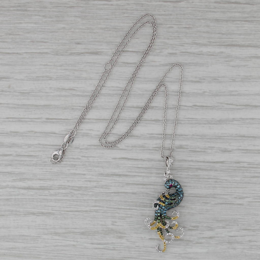 Effy 1.11ctw Diamond Peacock Pendant Necklace 14k White Gold 16-18" Cable Chain