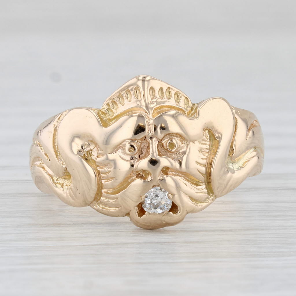 Light Gray Vintage Tribal Norse Figural Diamond Ring 14k Yellow Gold Size 10.75