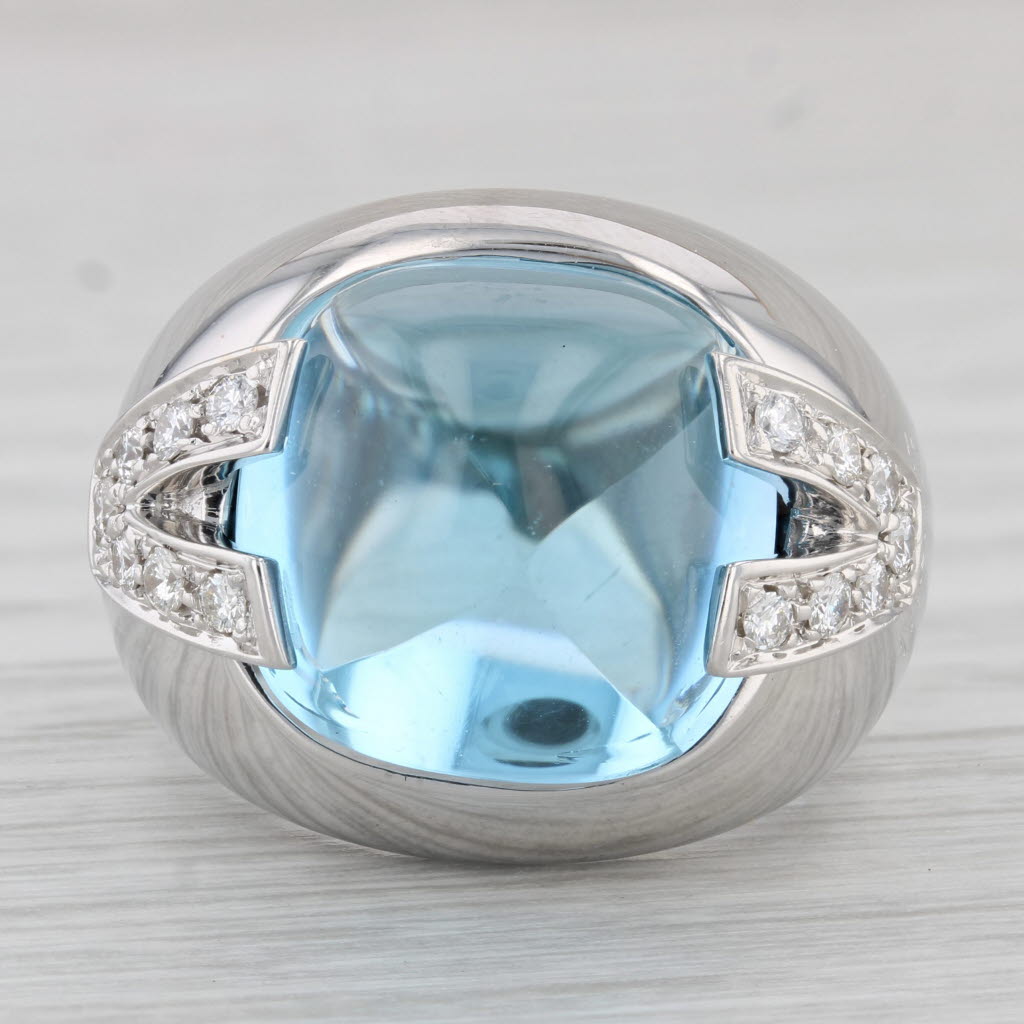 Gray Versace Blue Topaz Sugar Loaf Diamond Ring 18k White Gold Cocktail Size 6.5