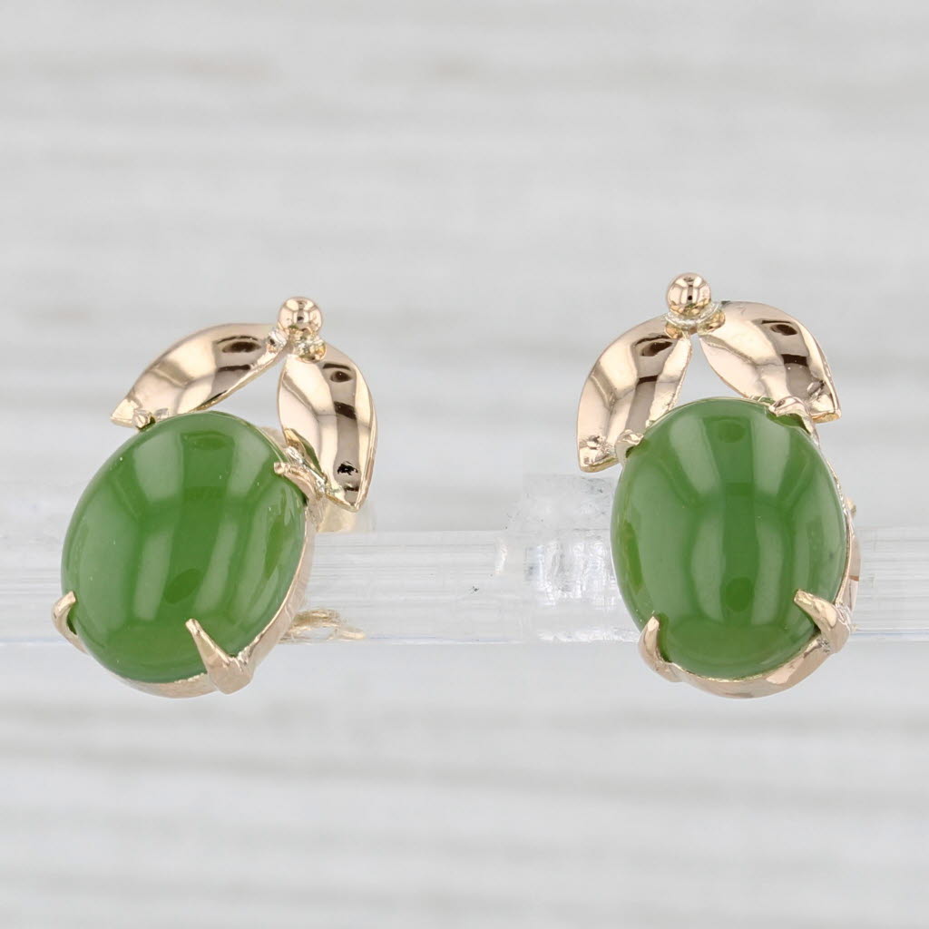 Light Gray Green Nephrite Jade Leaf Stud Earrings 14k Yellow Gold