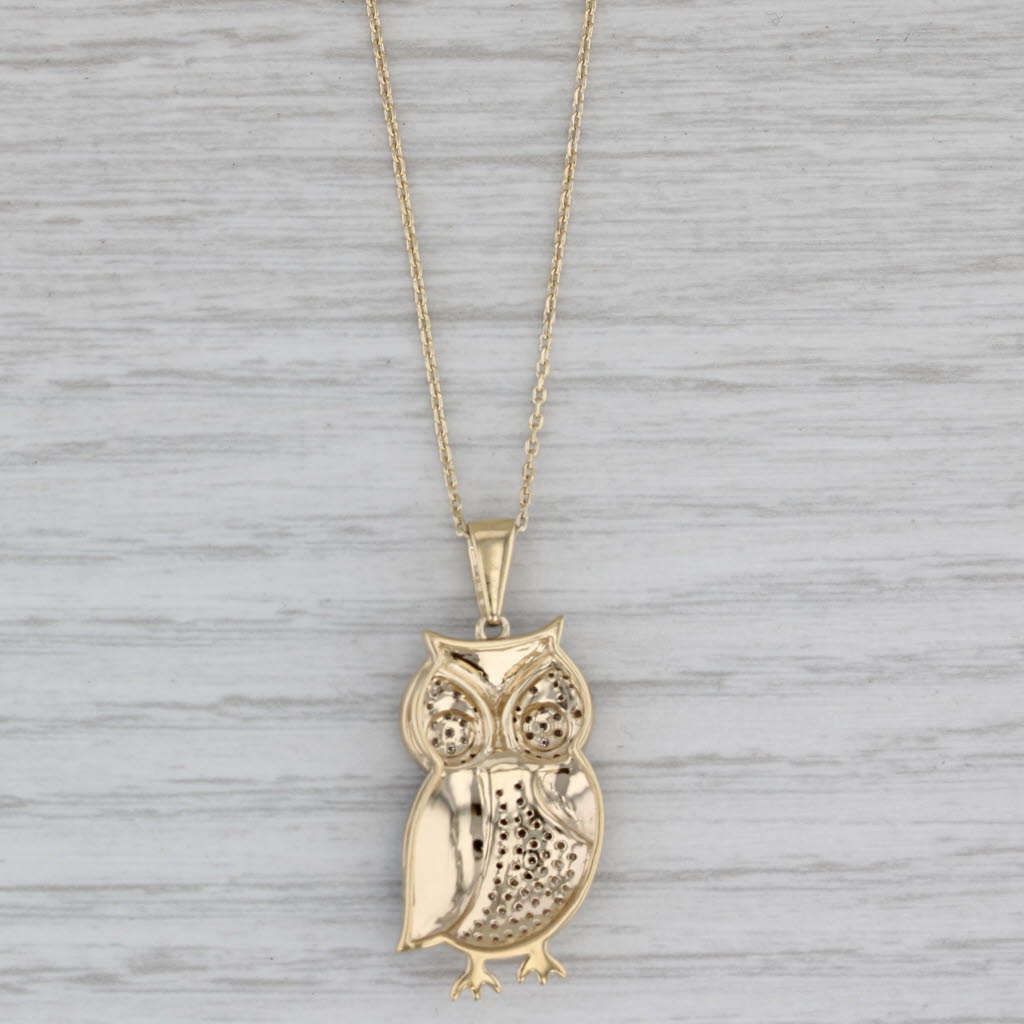 Gray 0.44ctw Diamond Enamel Owl Pendant Necklace Sterling Silver Gold Vermeil 18-20"