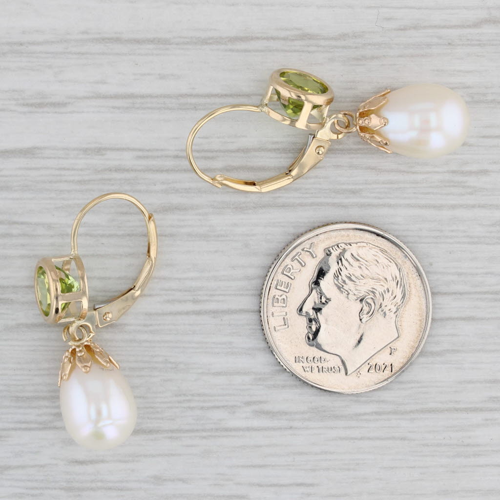 Gray Cultured Pearl Peridot Drop Earrings 14k Yellow Gold Lever Backs