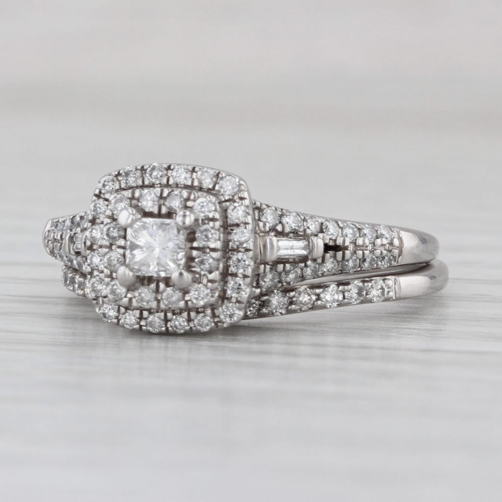 0.58ctw Diamond Halo Engagement Ring wedding Band Set 10k White Gold Size 7.5