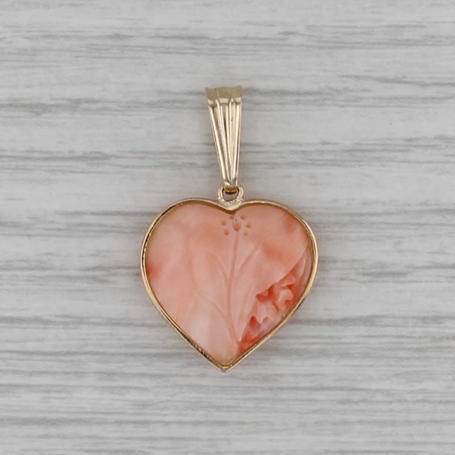 Peach Pink Coral Floral Carved Heart Pendant 14k Yellow Gold