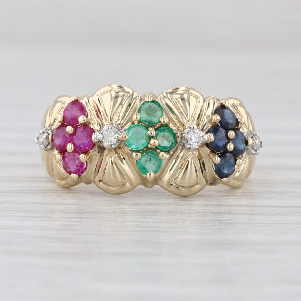 0.94ctw Ruby Emerald Sapphire Diamond Flower Ring 14k Yellow Gold Size 8.25