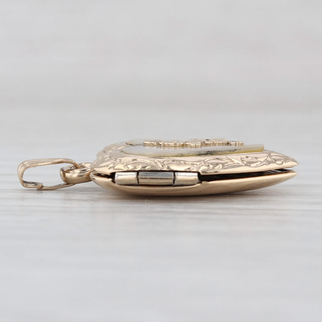 Mother of Pearl "I Love You" Heart Picture Locket Pendant 14k Yellow Gold Opens