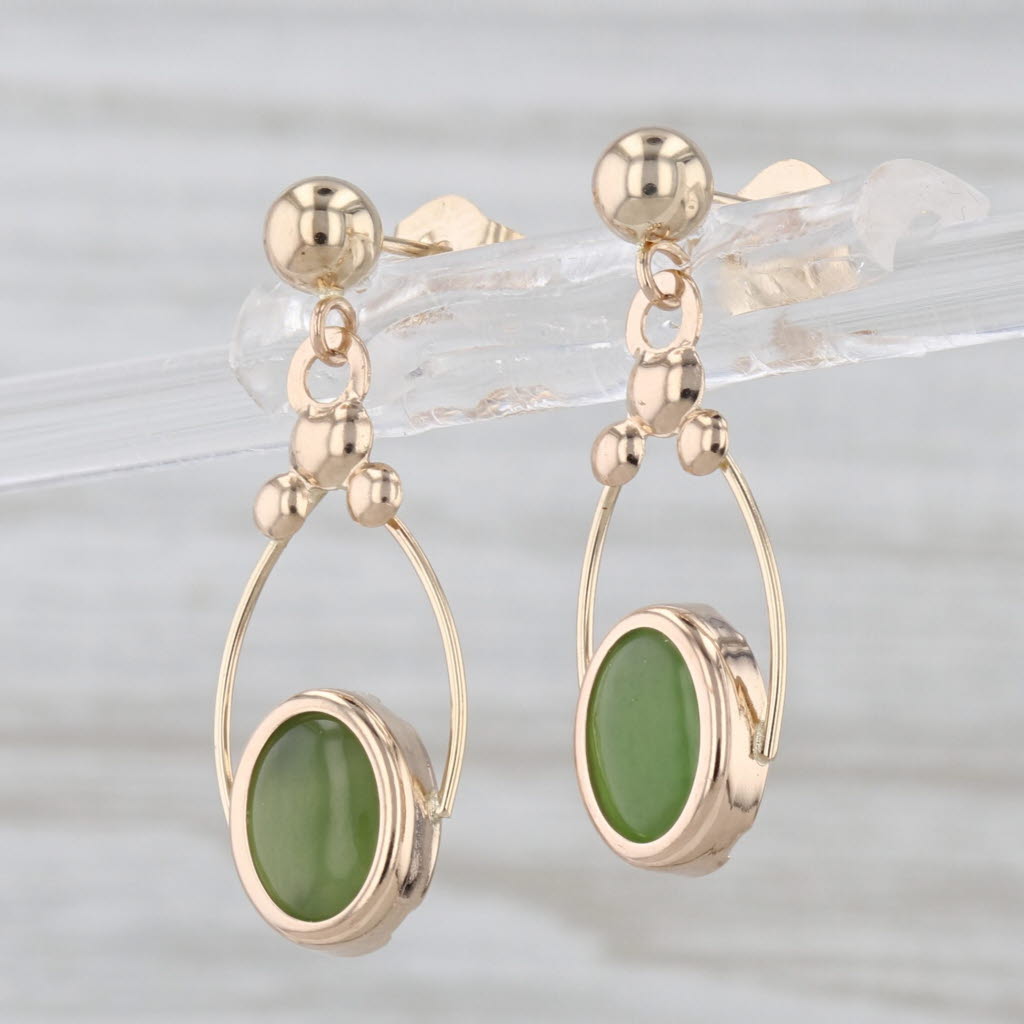 Green Nephrite Jade Dangle Earrings 14k Yellow Gold Oval Cabochon Drops