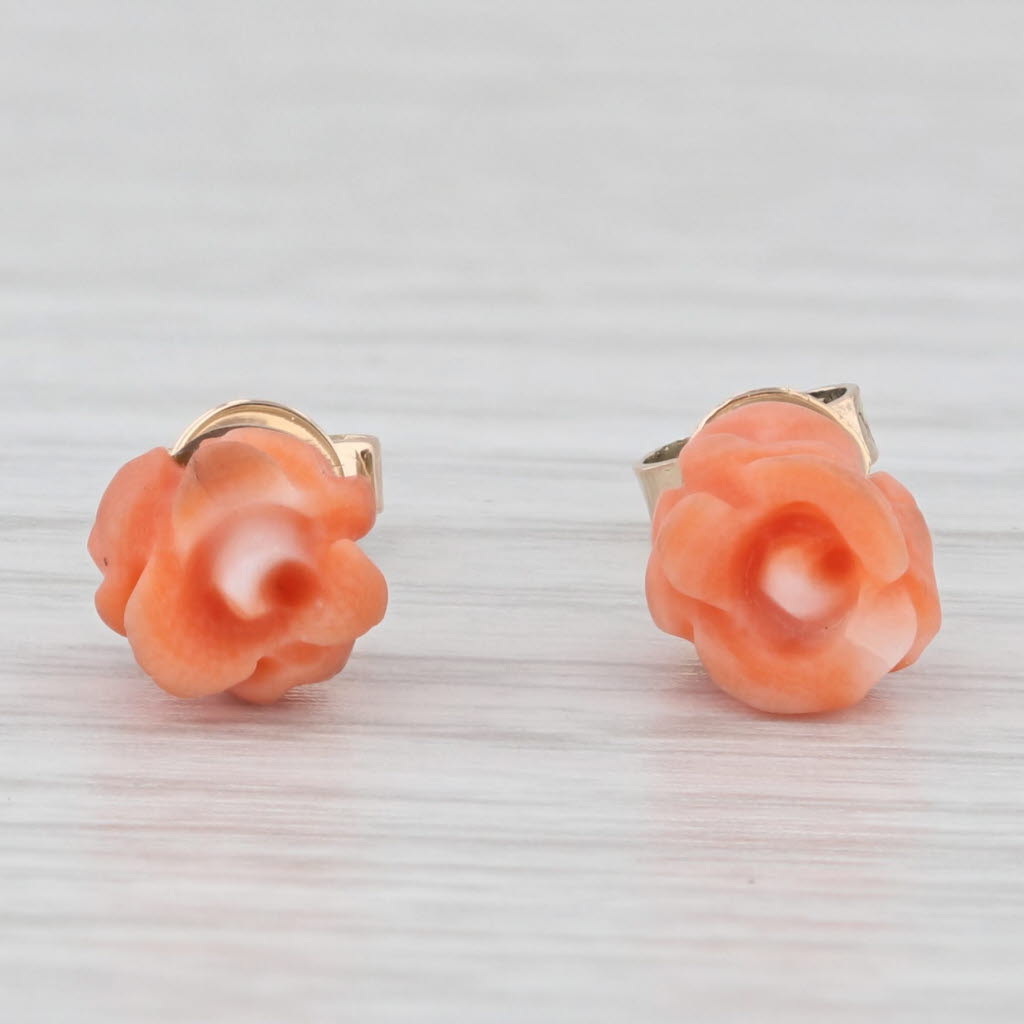 Light Gray Carved Coral Rose Stud Earrings 14k Yellow Gold