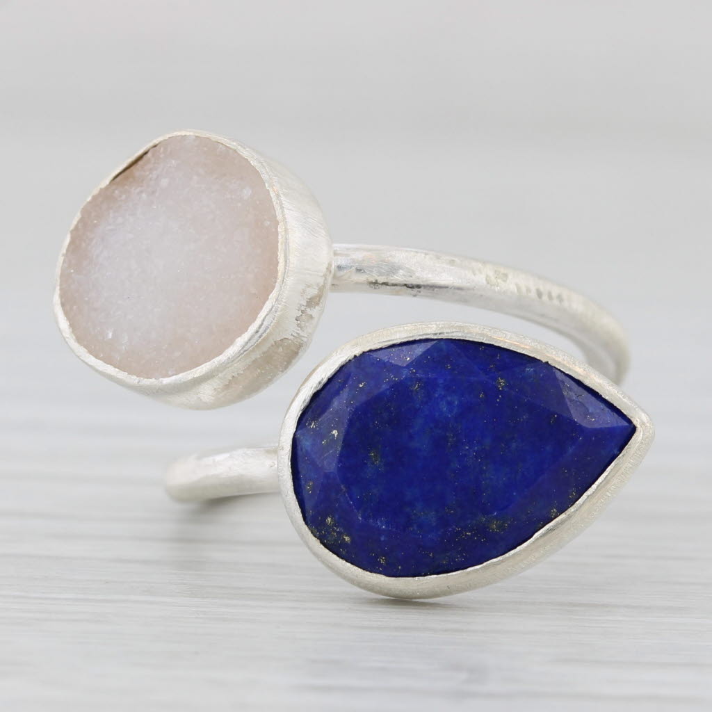 Light Gray New Nina Wynn Blue Lapis Lazuli White Quartz Bypass Ring Sterling Silver Size 6