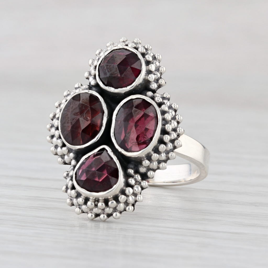 Garnet Cluster Ring Sterling Silver Size 9 Statement Cocktail