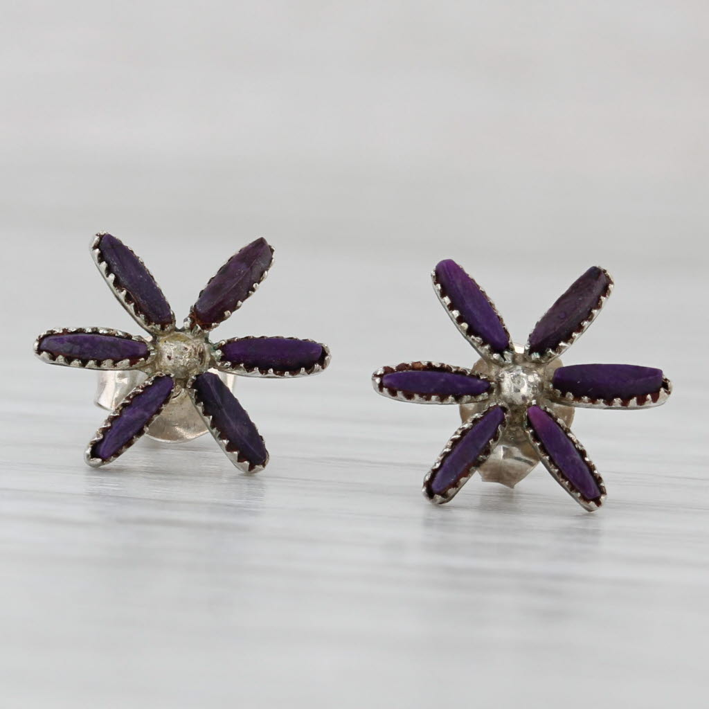 Light Gray Vintage Native American Purple Sugilite Flower Stud Earrings Sterling Silver