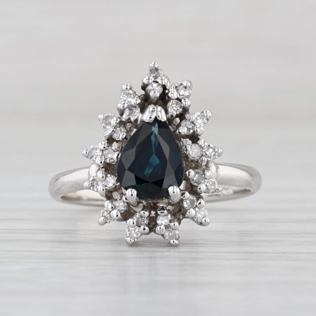 1.20ctw Pear Blue Sapphire Diamond Halo Ring 14k White Gold Engagement Size 6.5