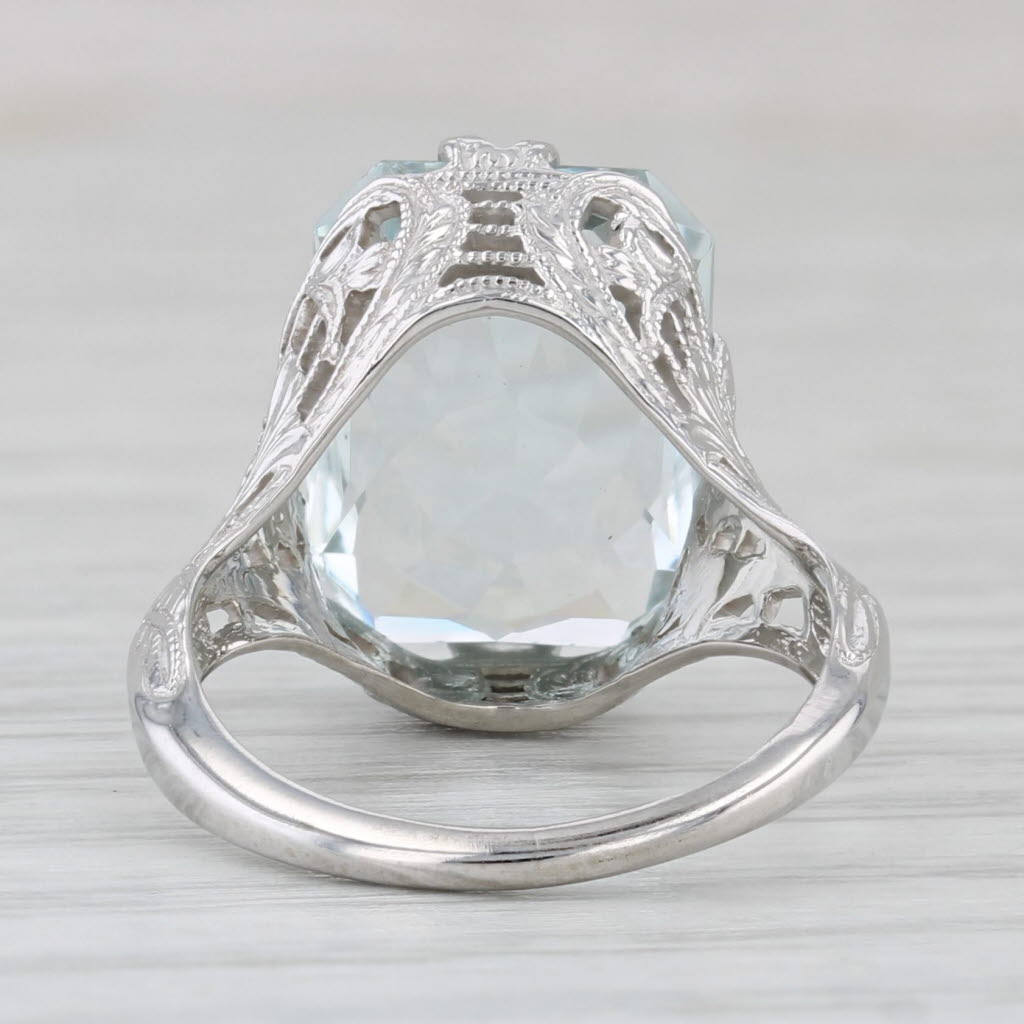 Light Gray Art Deco 6.05ct Aquamarine Solitaire Ring 14k White Gold Filigree Size 4