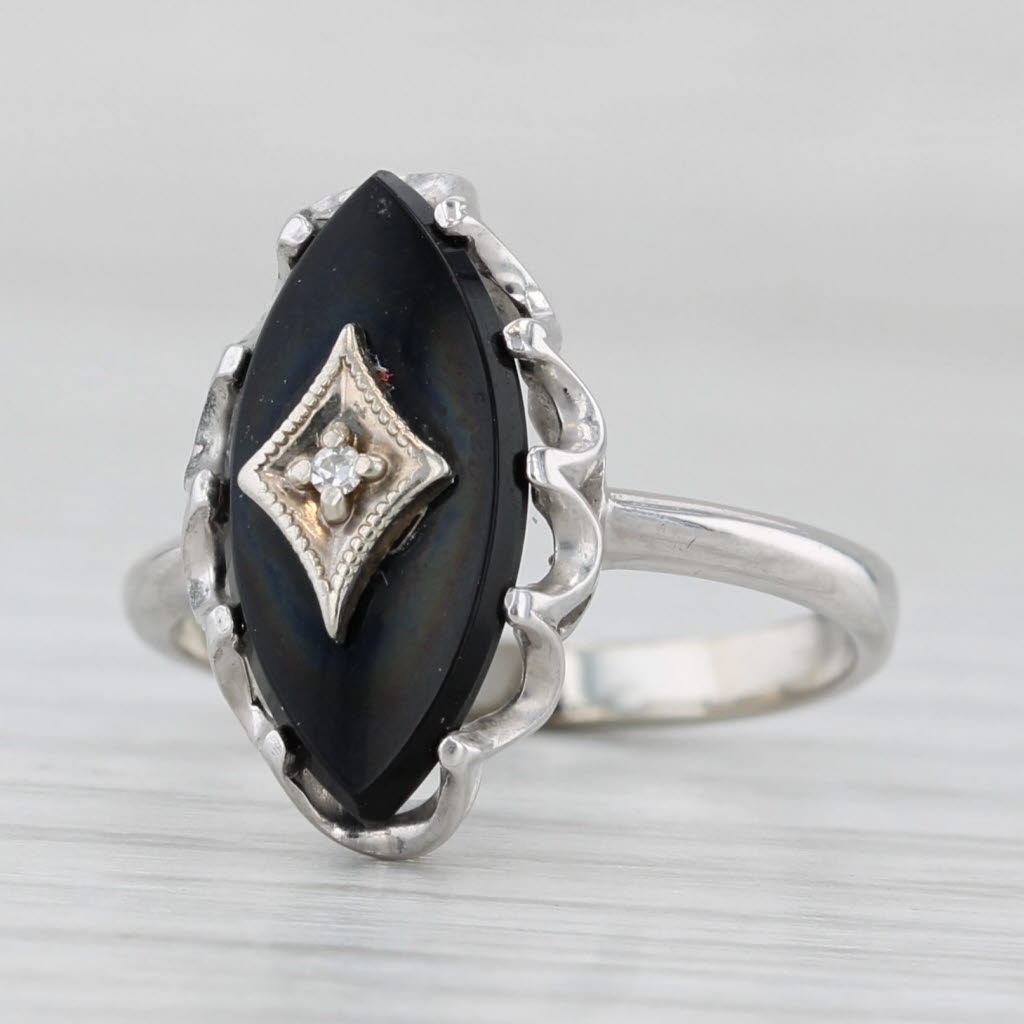 Light Gray Vintage Onyx Navette Diamond Signet Ring 10k White Gold Size 4.5