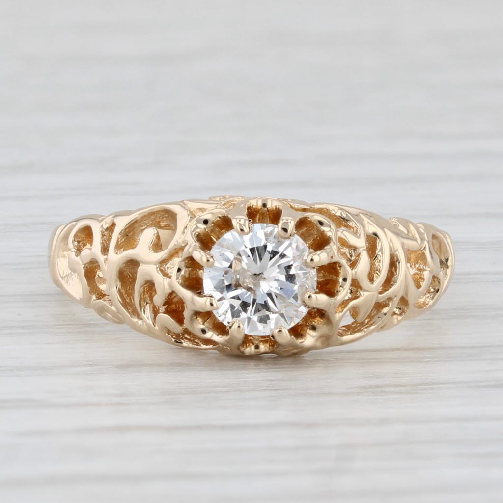 Light Gray 0.53ct Round Diamond Solitaire Engagement Ring 14k Gold Ornate Openwork Sz 6.75