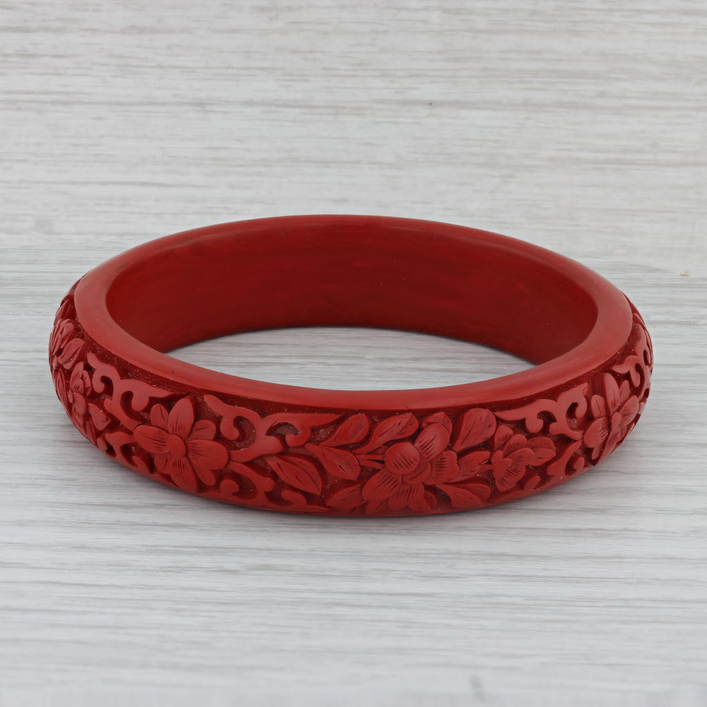 Saddle Brown Red Floral Carved Bangle Bracelet 7.5" 15.6mm