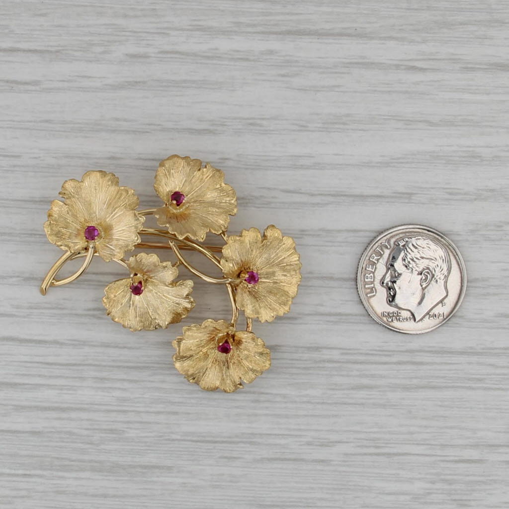 Tiffany & Co 0.25ctw Ruby Flower Brooch 18k Yellow Gold Vintage Floral Pin