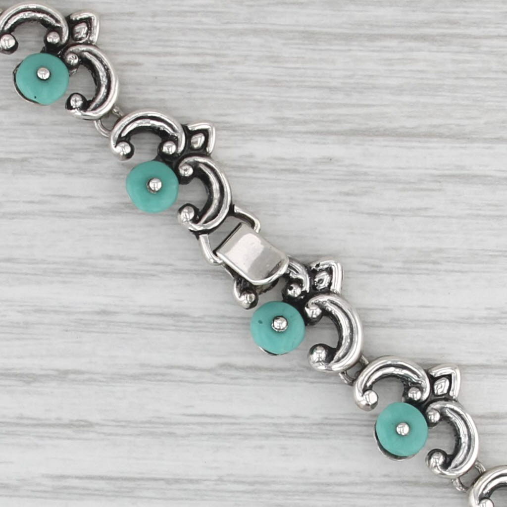 Glass Bead Curved Ornate Link Necklace Sterling Silver Taxco Mexico 14.75"
