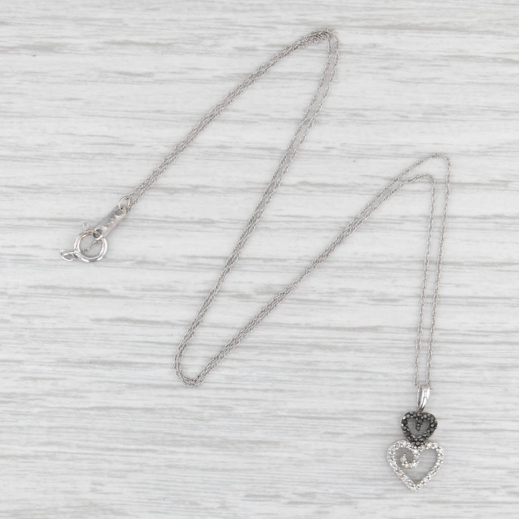 Black White Diamond Hearts Pendant Necklace 10k White Gold 18" Rope Chain