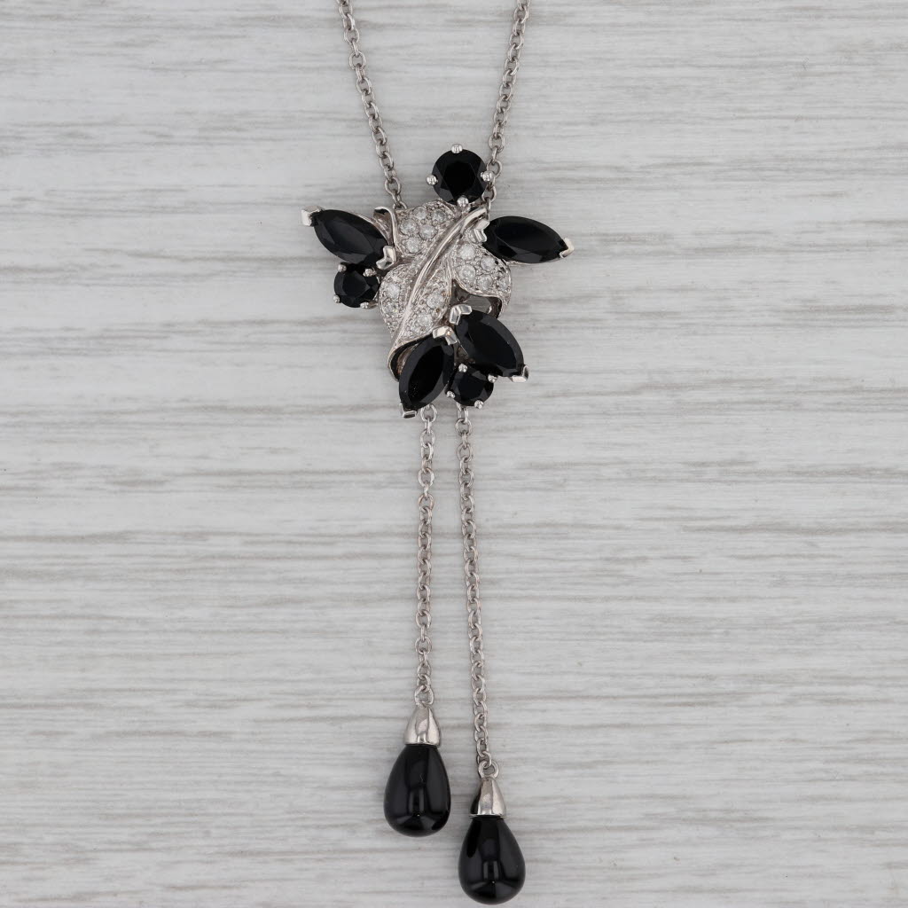 Gray 0.16ctw Diamond Onyx Chalcedony14k White Gold Lariat Pendant Necklace
