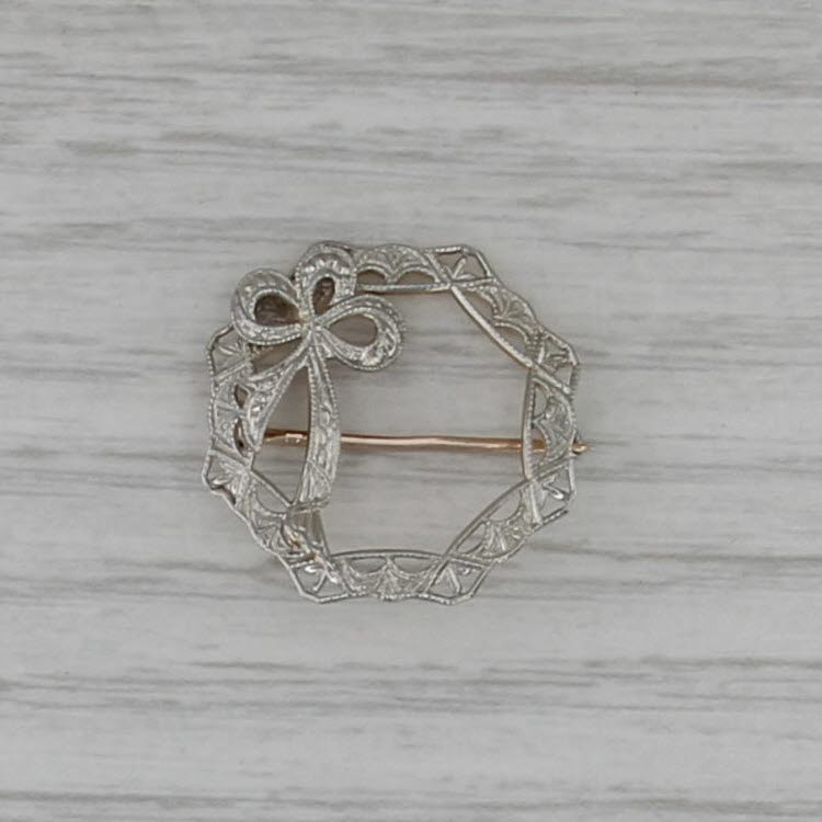 Vintage Art Deco Filigree Bow Wreath Brooch 18k White 8k Yellow Gold Pin