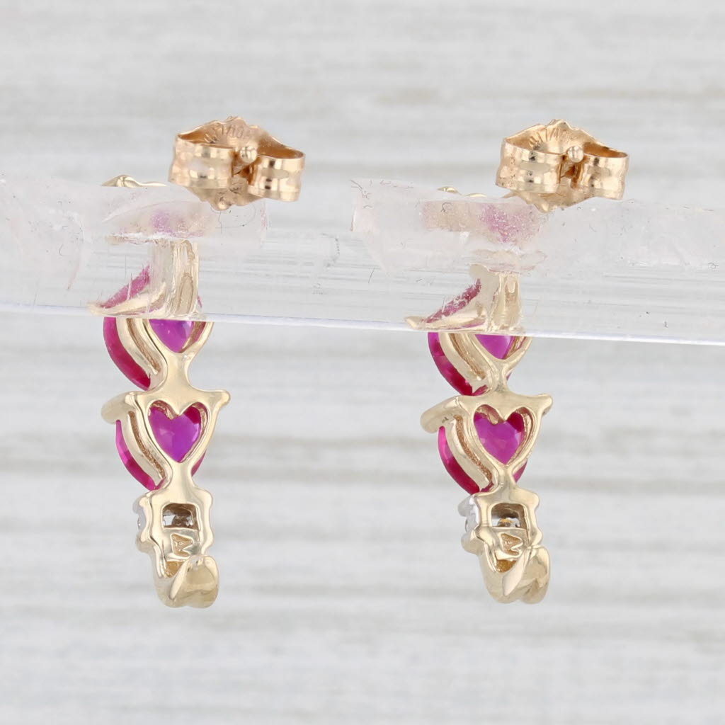 Light Gray 2ctw Lab Created Ruby Hearts Journey J-Hook Earrings 10k Gold Diamond Accents