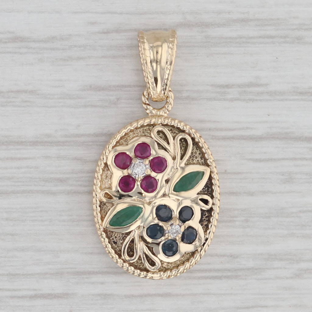 Gray 0.68ctw Gemstone Flower Pendant 14k Yellow Gold Ruby Emerald Sapphire Diamond