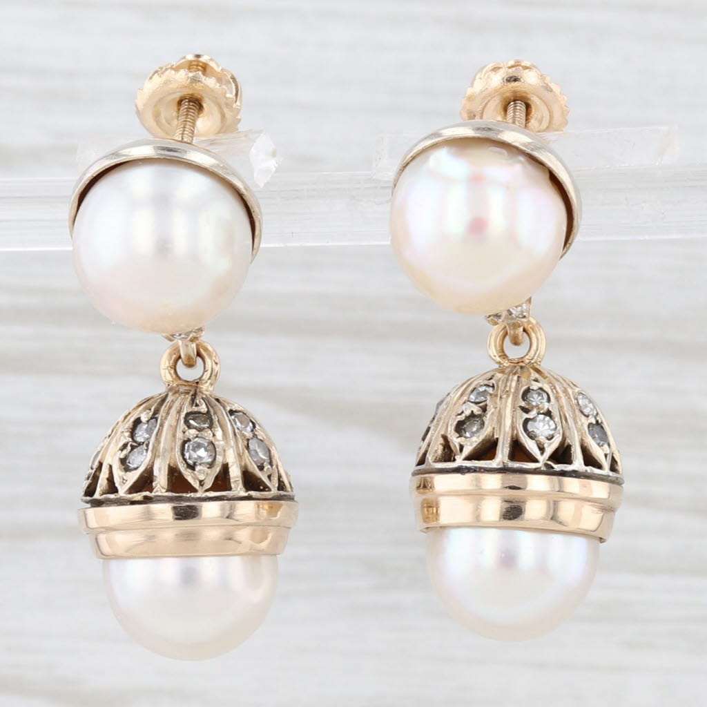 Light Gray Antique Cultured Pearl Diamond Dangle Earrings Silver Gold w/ Box Screw Backs