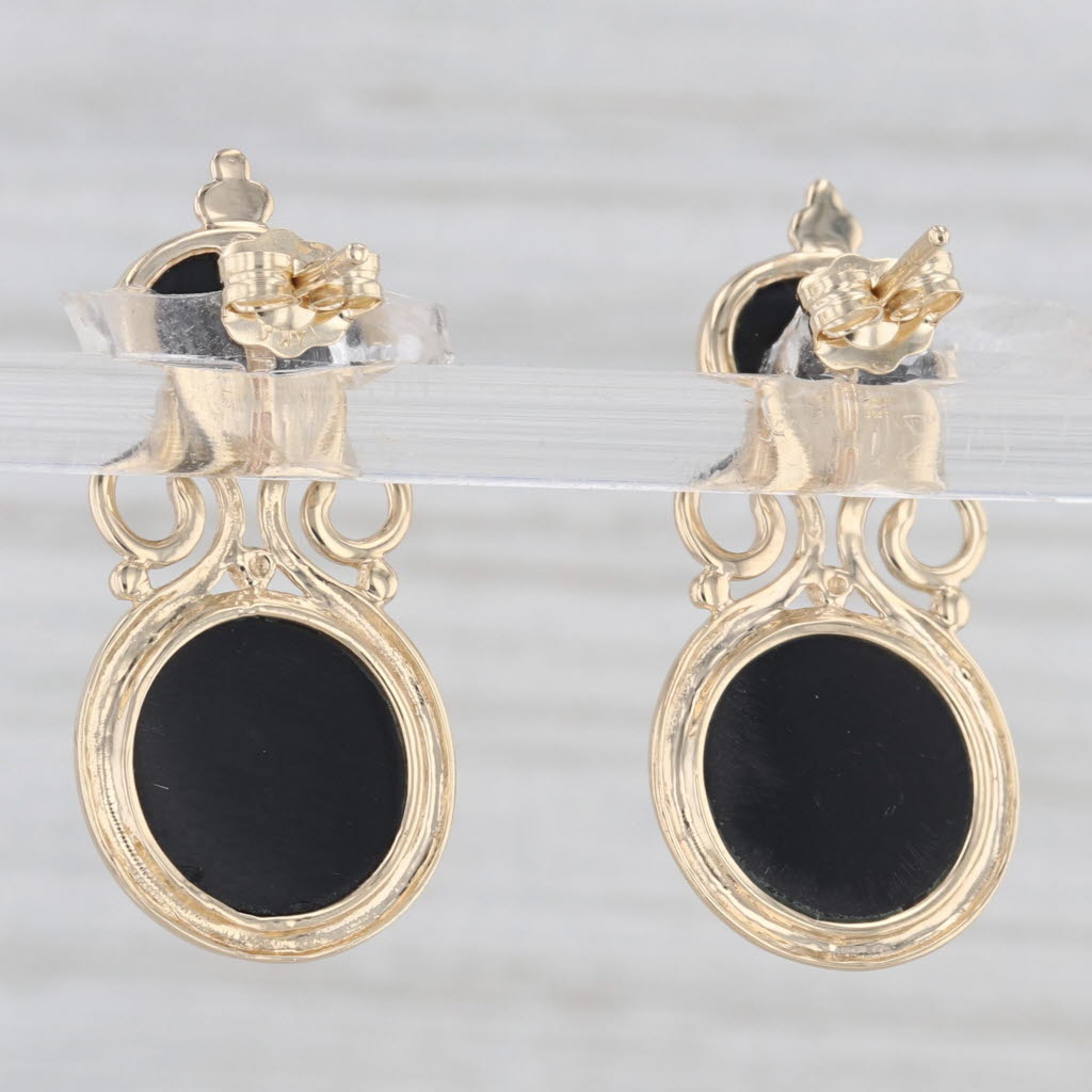 Light Gray Black Onyx Drop Earrings 14k Yellow Gold Vintage