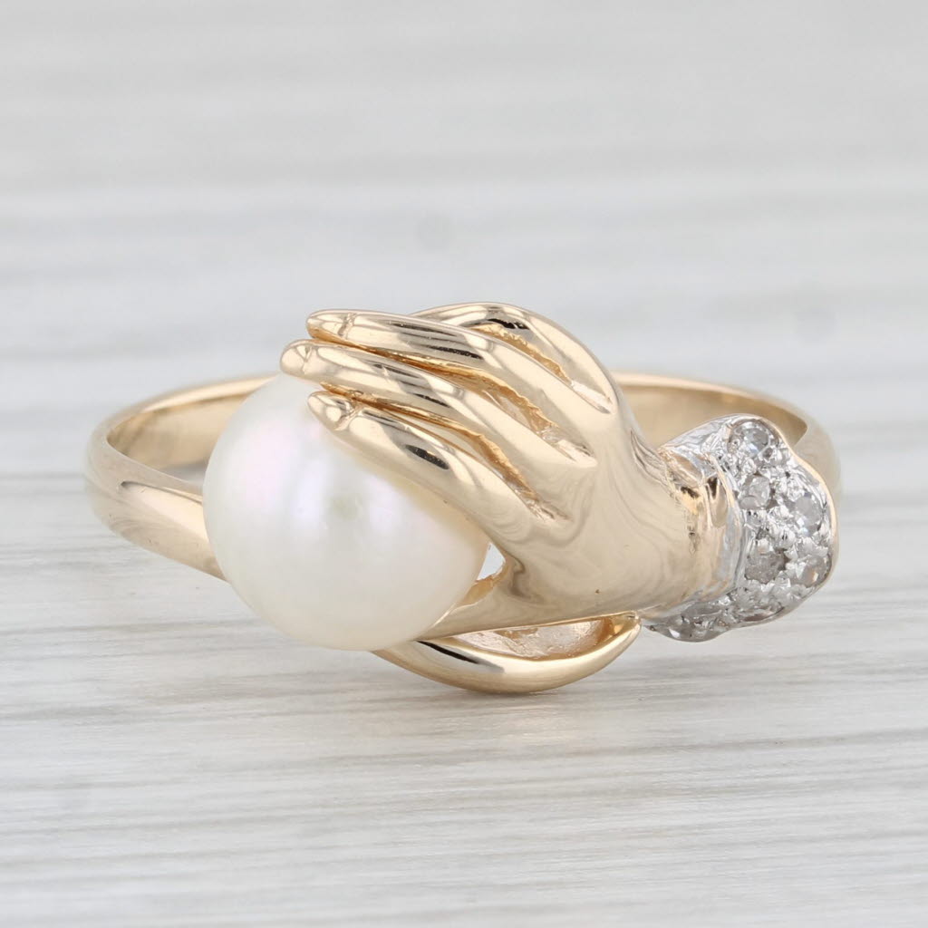 Light Gray Hand Holding Cultured Pearl Diamond Ring 14k Yellow Gold Size 8.25