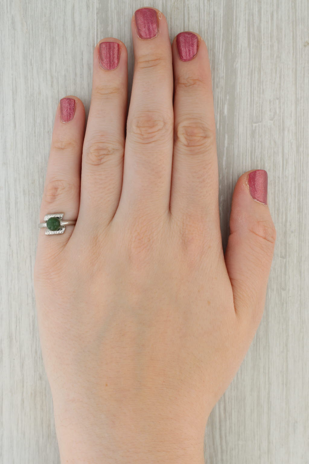 Tan Green Marble Solitaire Bead Ring 10k White Gold Size 6