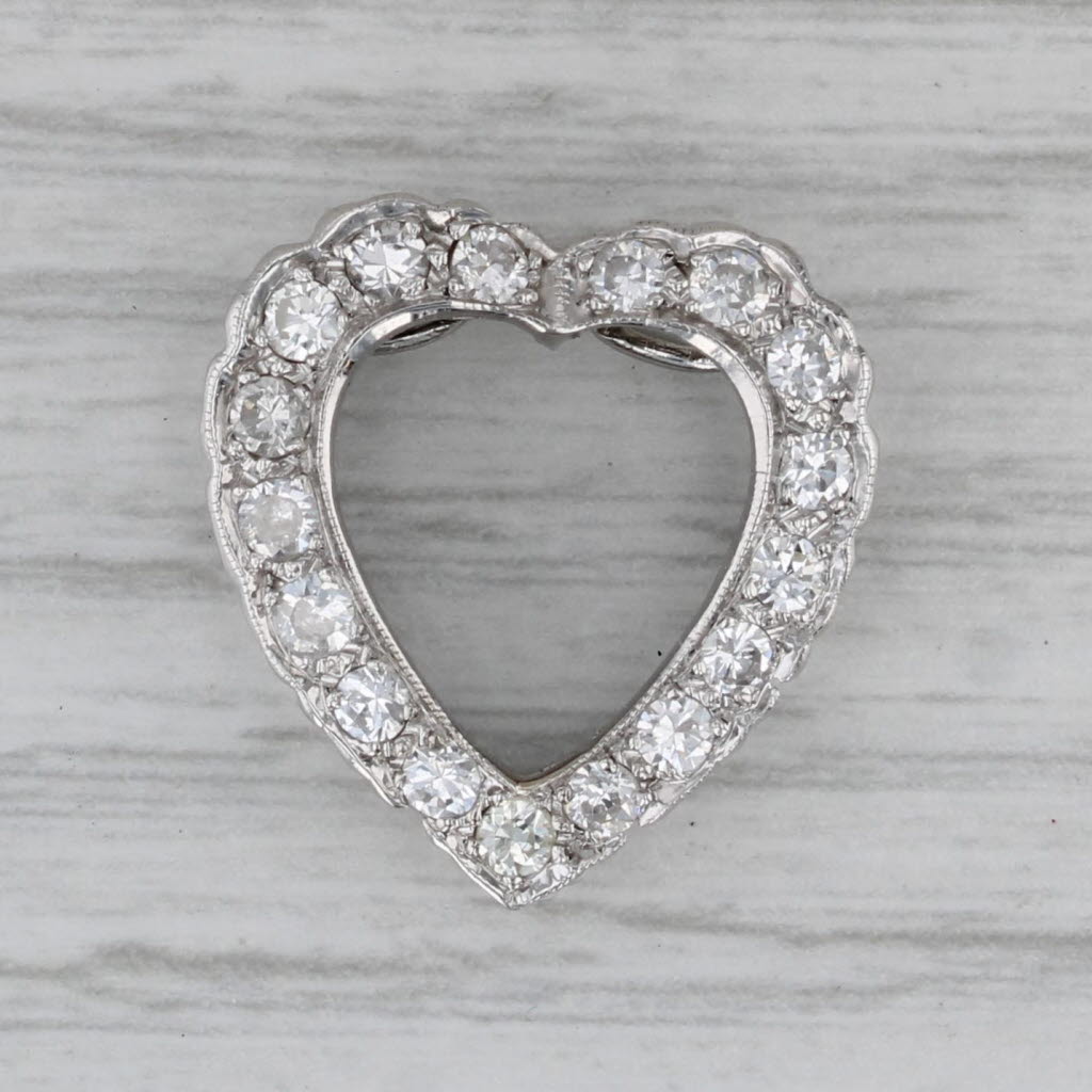 Dark Gray Vintage Diamond Open Heart Pendant 14k White Gold