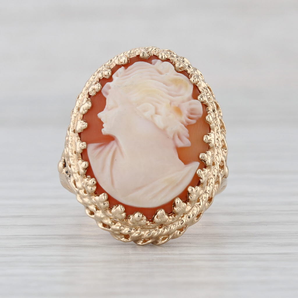 Vintage Cameo Ring 10k Yellow Gold Size 9 Statement Figural Carved Shell