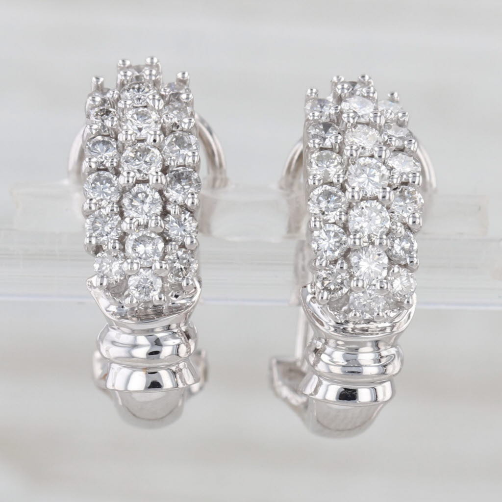 1ctw Diamond Cluster J-Hook Drop Earrings 14k White Gold Omega Backs