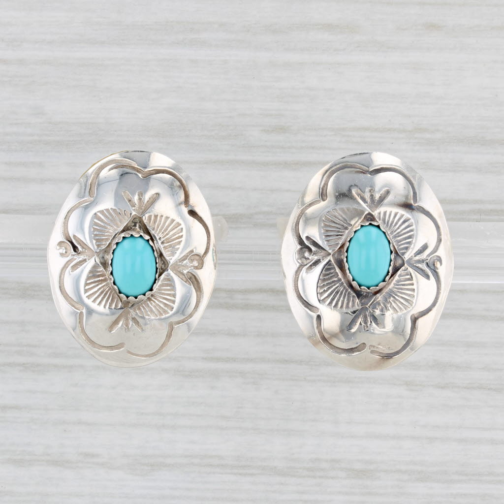 Light Gray Native American Turquoise Flower Stud Earrings Sterling Silver Signed Vintage